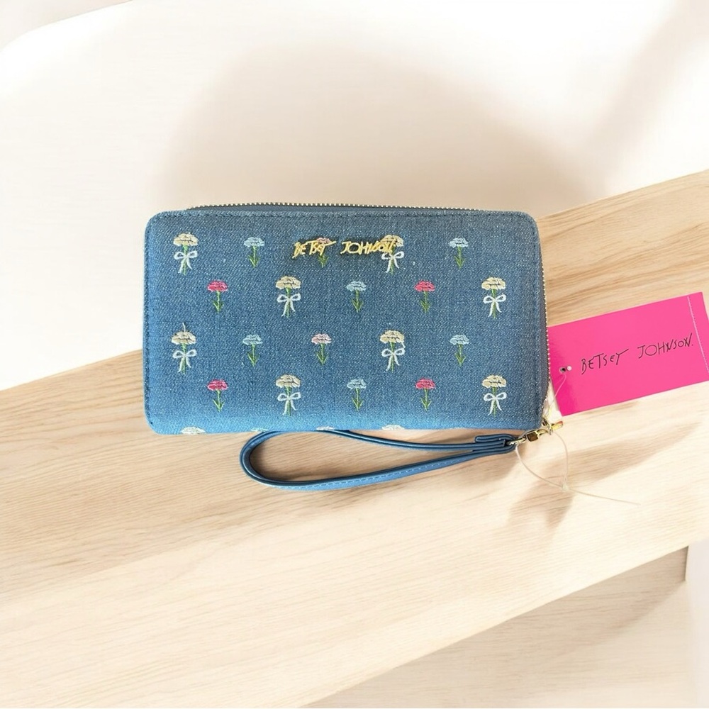 Betsey Johnson Denim Blue Floral Wristlet